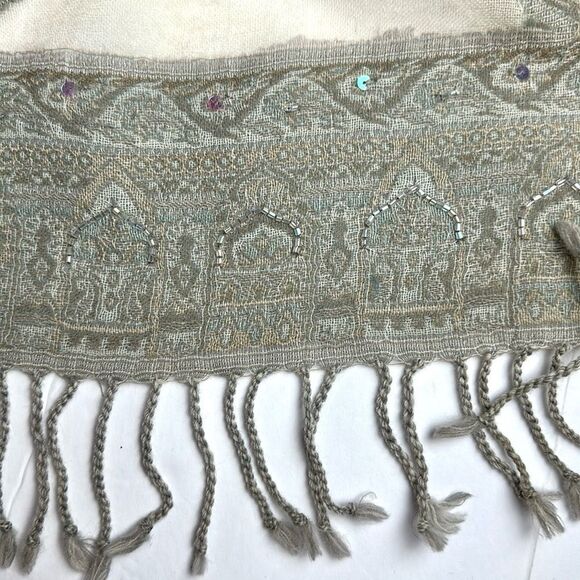 Wool Embroidered Paisley Shawl Wrap in Gray and Cream with Sequins - Picture 11 of 12